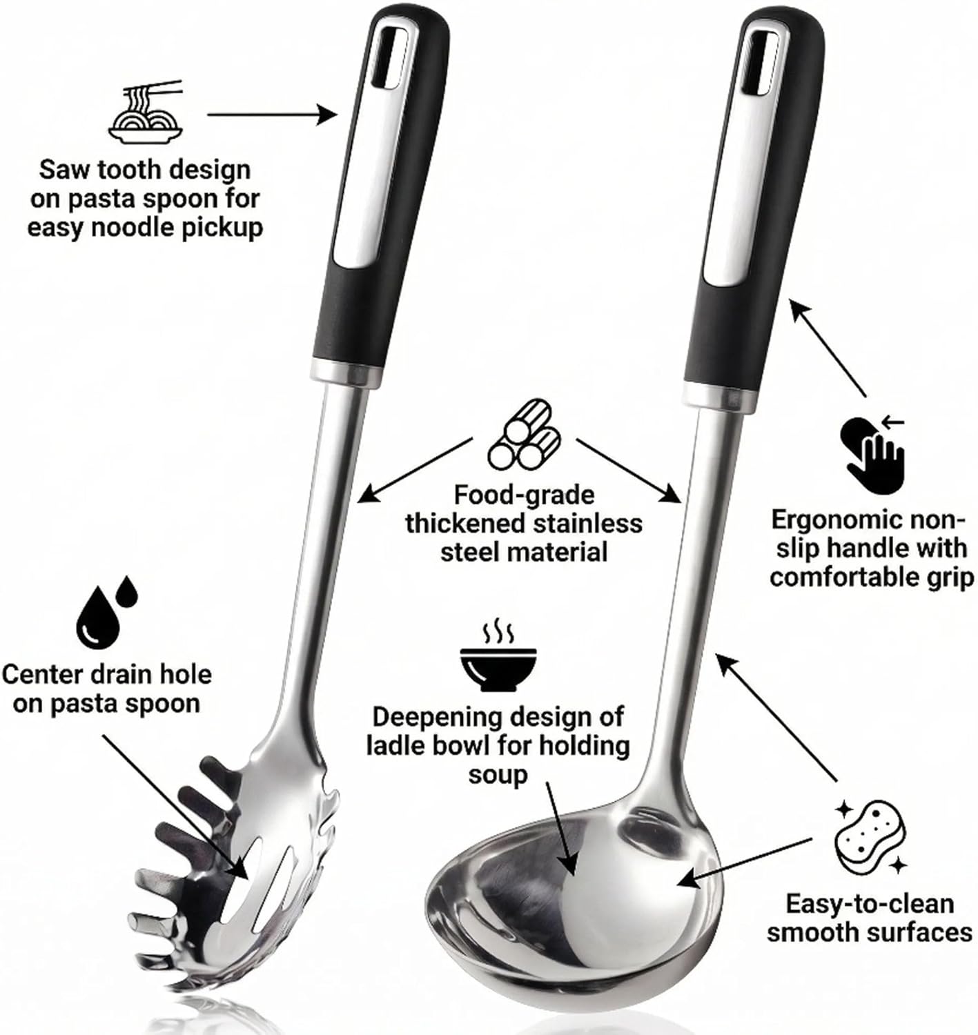 Stainless Steel Ladle and Pasta Server Set | Food-Grade Thickened Metal Soup Ladle & Spaghetti Spoon, Durable Cooking Utensils for Pasta, Soup & Everyday Kitchen Use