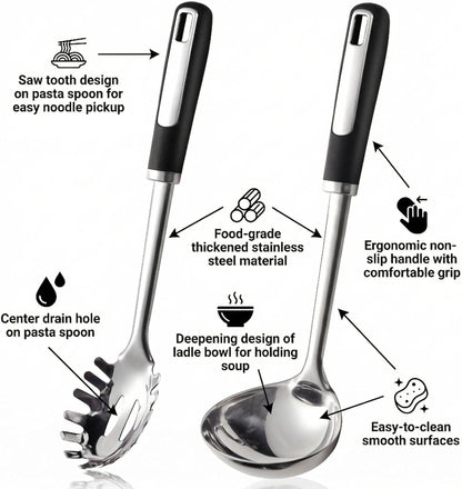 Stainless Steel Ladle and Pasta Server Set | Food-Grade Thickened Metal Soup Ladle & Spaghetti Spoon, Durable Cooking Utensils for Pasta, Soup & Everyday Kitchen Use