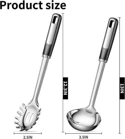 Stainless Steel Ladle and Pasta Server Set | Food-Grade Thickened Metal Soup Ladle & Spaghetti Spoon, Durable Cooking Utensils for Pasta, Soup & Everyday Kitchen Use