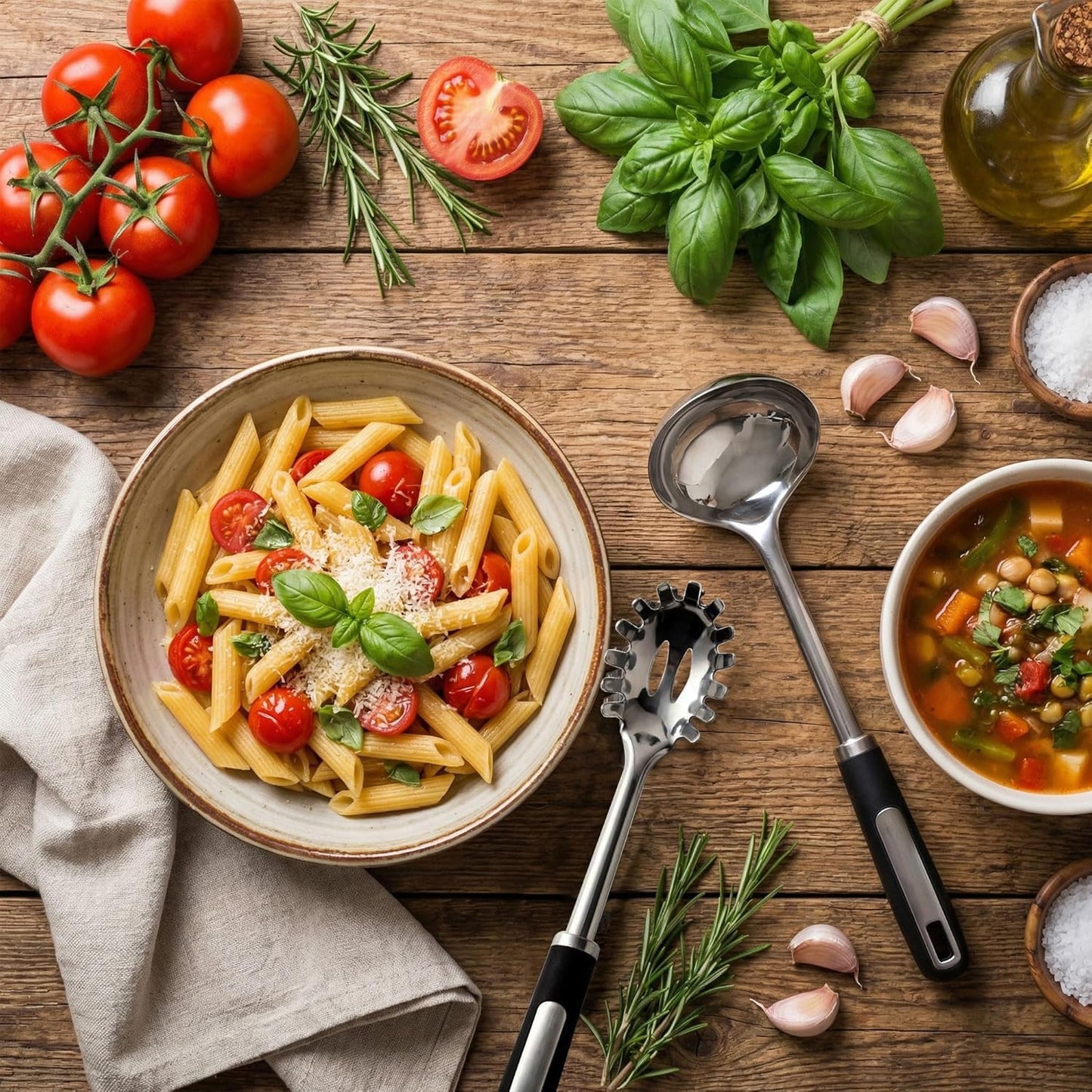 Stainless Steel Ladle and Pasta Server Set | Food-Grade Thickened Metal Soup Ladle & Spaghetti Spoon, Durable Cooking Utensils for Pasta, Soup & Everyday Kitchen Use