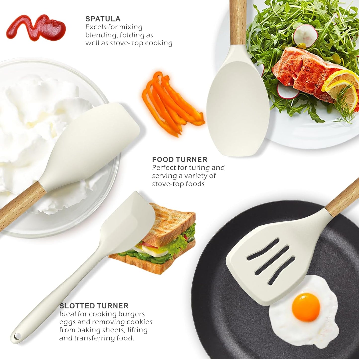 Silicone Cooking Utensils Set - 446°F Heat Resistant Silicone Kitchen Utensils for Cooking,Kitchen Utensil Spatula Set w Wooden Handles, BPA FREE Gadgets for Non-Stick Cookware (Khaki)