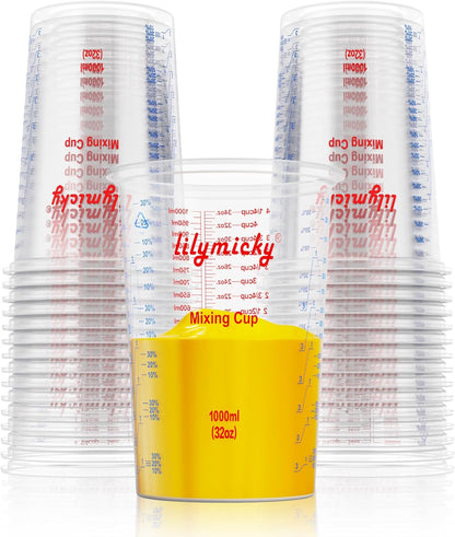 25 PACK Plastic Measuring Cups, 32 oz (1000ml) Disposable Mixing Cups, Measurement ratios: 2:1, 3:1, 4:1, Perfect for Epoxy Resin, Paint Mixing, Art DIY