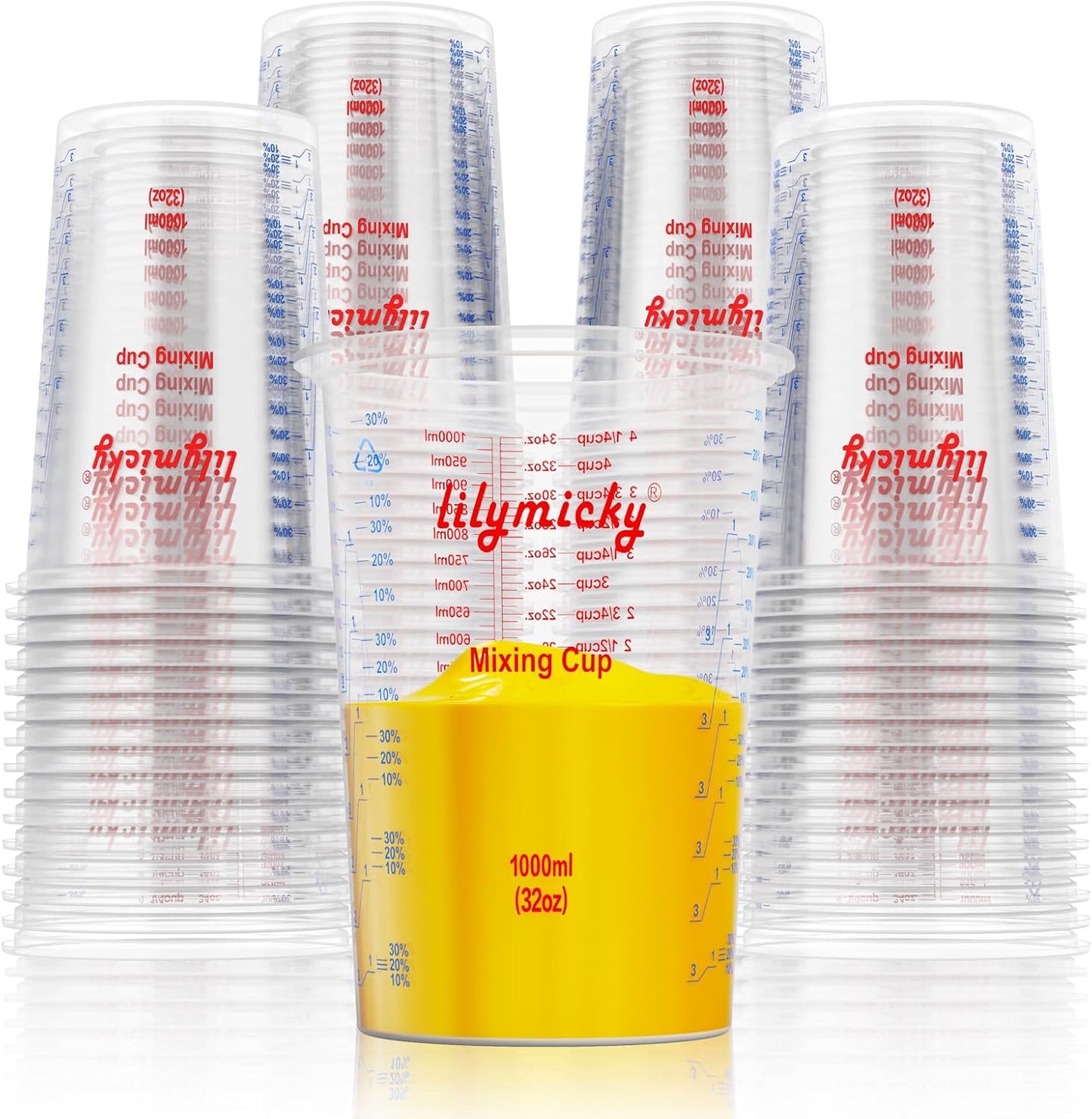 25 PACK Plastic Measuring Cups, 32 oz (1000ml) Disposable Mixing Cups, Measurement ratios: 2:1, 3:1, 4:1, Perfect for Epoxy Resin, Paint Mixing, Art DIY