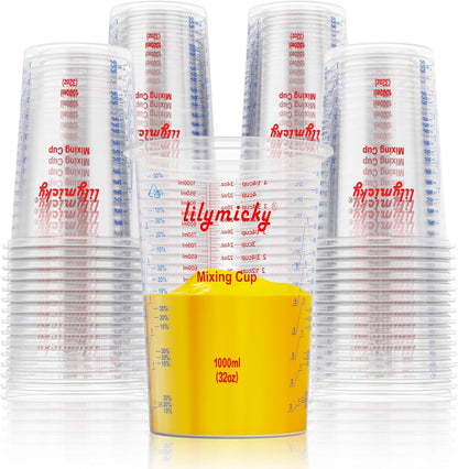25 PACK Plastic Measuring Cups, 32 oz (1000ml) Disposable Mixing Cups, Measurement ratios: 2:1, 3:1, 4:1, Perfect for Epoxy Resin, Paint Mixing, Art DIY