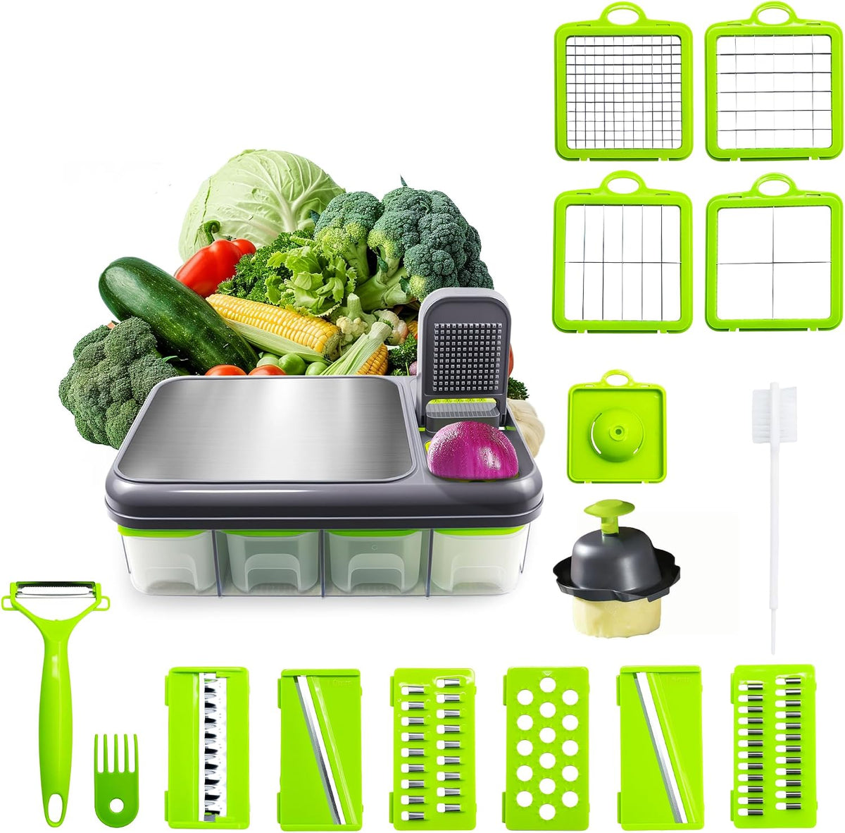 15-in-1 Vegetable Chopper & Slicer Set – Multifunctional Food Chopper with Container, Mandoline Slicer, Dicer, Grater, Peeler & Cleaning Tools – Kitchen Gadget for Onions, Carrots, Potatoes, Fruits