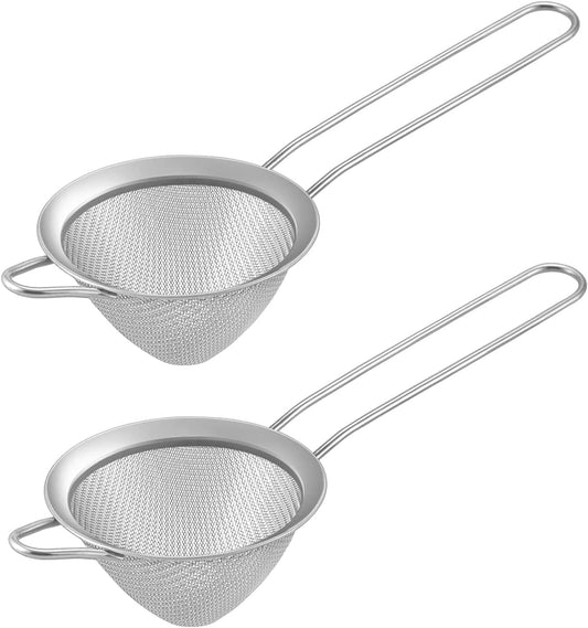Fine Mesh Strainer, 3.3’’ Stainless Steel Tea Strainer-Silver, 2PCS | Bar Strainer Small Mesh Conical Cone for Cocktail Coffee Juice, Healthy & Dishwasher Safe, Long Handle & Hanging Loop