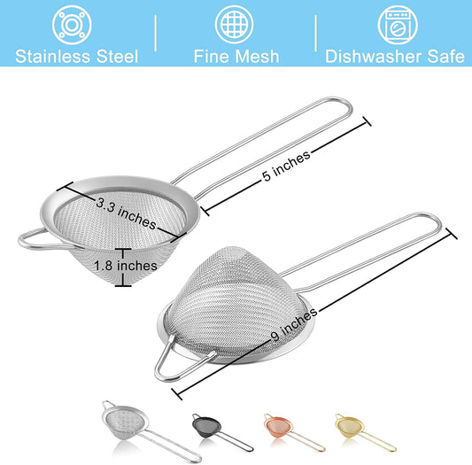 Fine Mesh Strainer, 3.3’’ Stainless Steel Tea Strainer-Silver, 2PCS | Bar Strainer Small Mesh Conical Cone for Cocktail Coffee Juice, Healthy & Dishwasher Safe, Long Handle & Hanging Loop
