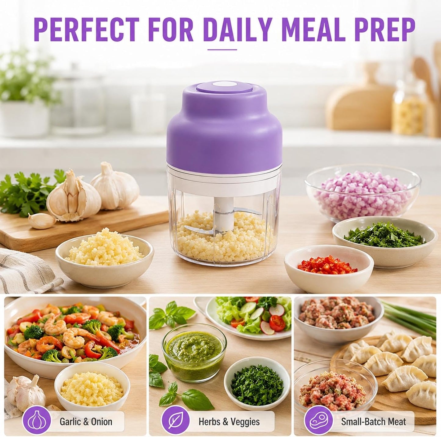 Electric Garlic Chopper, 320ML Portable Veggie Chopper, Rechargeable Vegetable Chopper,Garlic Grinder Masher Onion Chopper, Blender to Vegetable, for Ginger, Nuts,Chili, Fruit, Meat and Spices