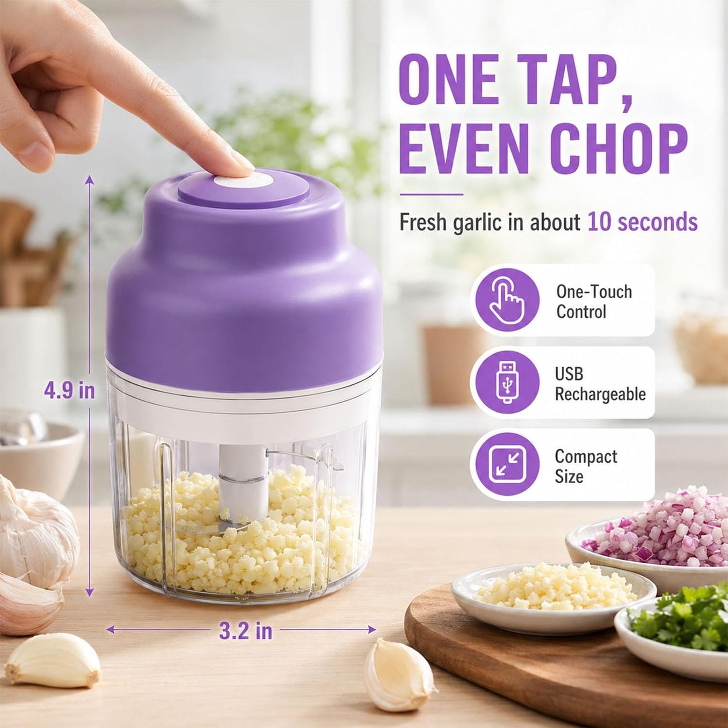 Electric Garlic Chopper, 320ML Portable Veggie Chopper, Rechargeable Vegetable Chopper,Garlic Grinder Masher Onion Chopper, Blender to Vegetable, for Ginger, Nuts,Chili, Fruit, Meat and Spices