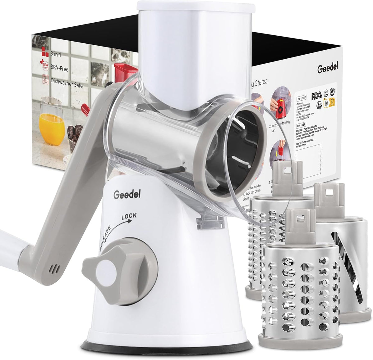 Rotary Cheese Grater Hand Crank, Cheese Shredder Vegetable Slicer | 3 Blades, 430 Stainless Steel, 12x Fast Cutting, Strong Suction Base, No BPA, Dishwasher Safe, for Cheese, Veggie, Nut