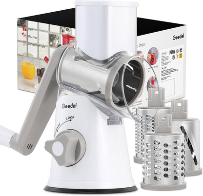 Rotary Cheese Grater Hand Crank, Cheese Shredder Vegetable Slicer | 3 Blades, 430 Stainless Steel, 12x Fast Cutting, Strong Suction Base, No BPA, Dishwasher Safe, for Cheese, Veggie, Nut