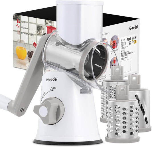 Rotary Cheese Grater Hand Crank, Cheese Shredder Vegetable Slicer | 3 Blades, 430 Stainless Steel, 12x Fast Cutting, Strong Suction Base, No BPA, Dishwasher Safe, for Cheese, Veggie, Nut