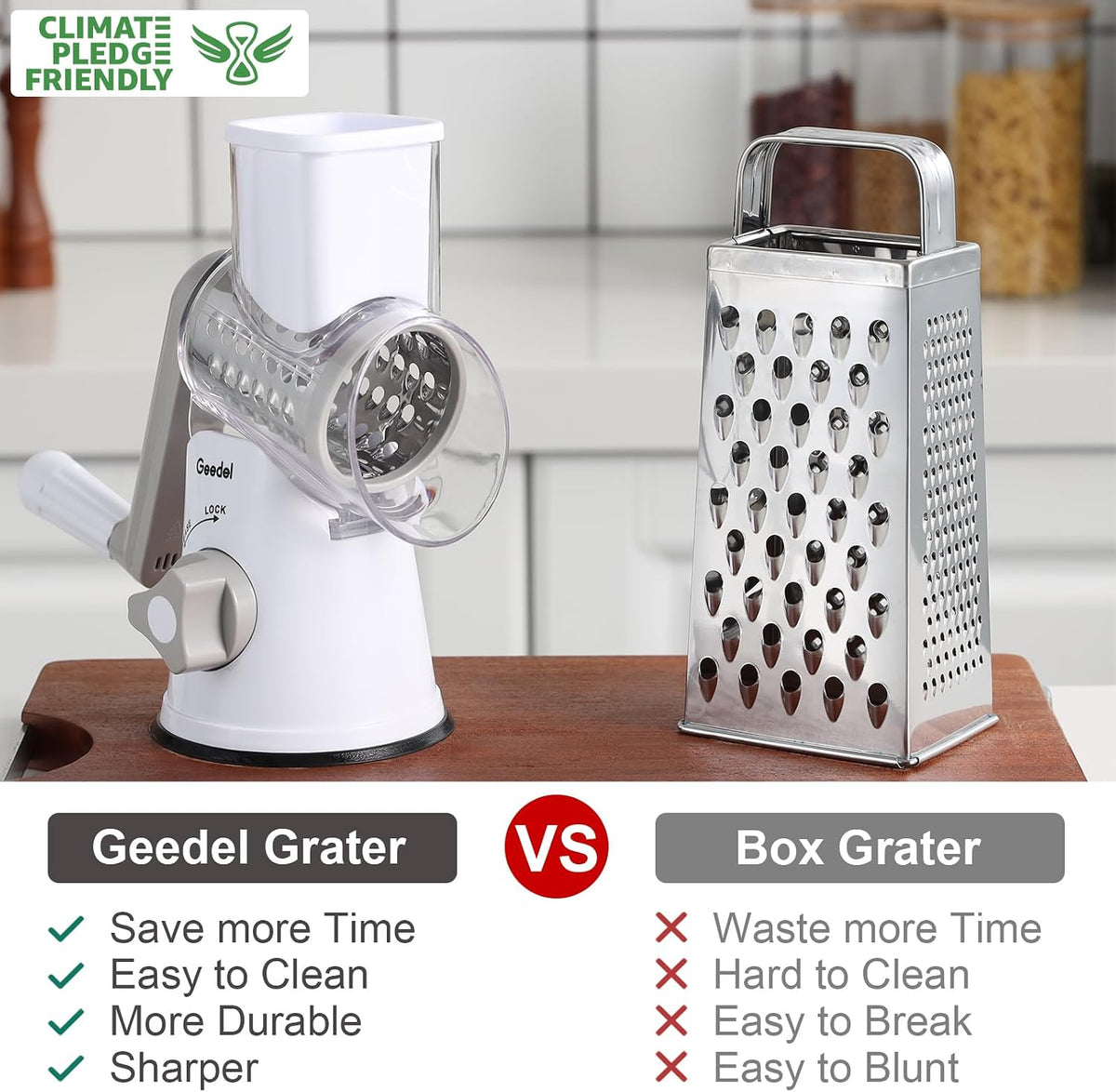 Rotary Cheese Grater Hand Crank, Cheese Shredder Vegetable Slicer | 3 Blades, 430 Stainless Steel, 12x Fast Cutting, Strong Suction Base, No BPA, Dishwasher Safe, for Cheese, Veggie, Nut