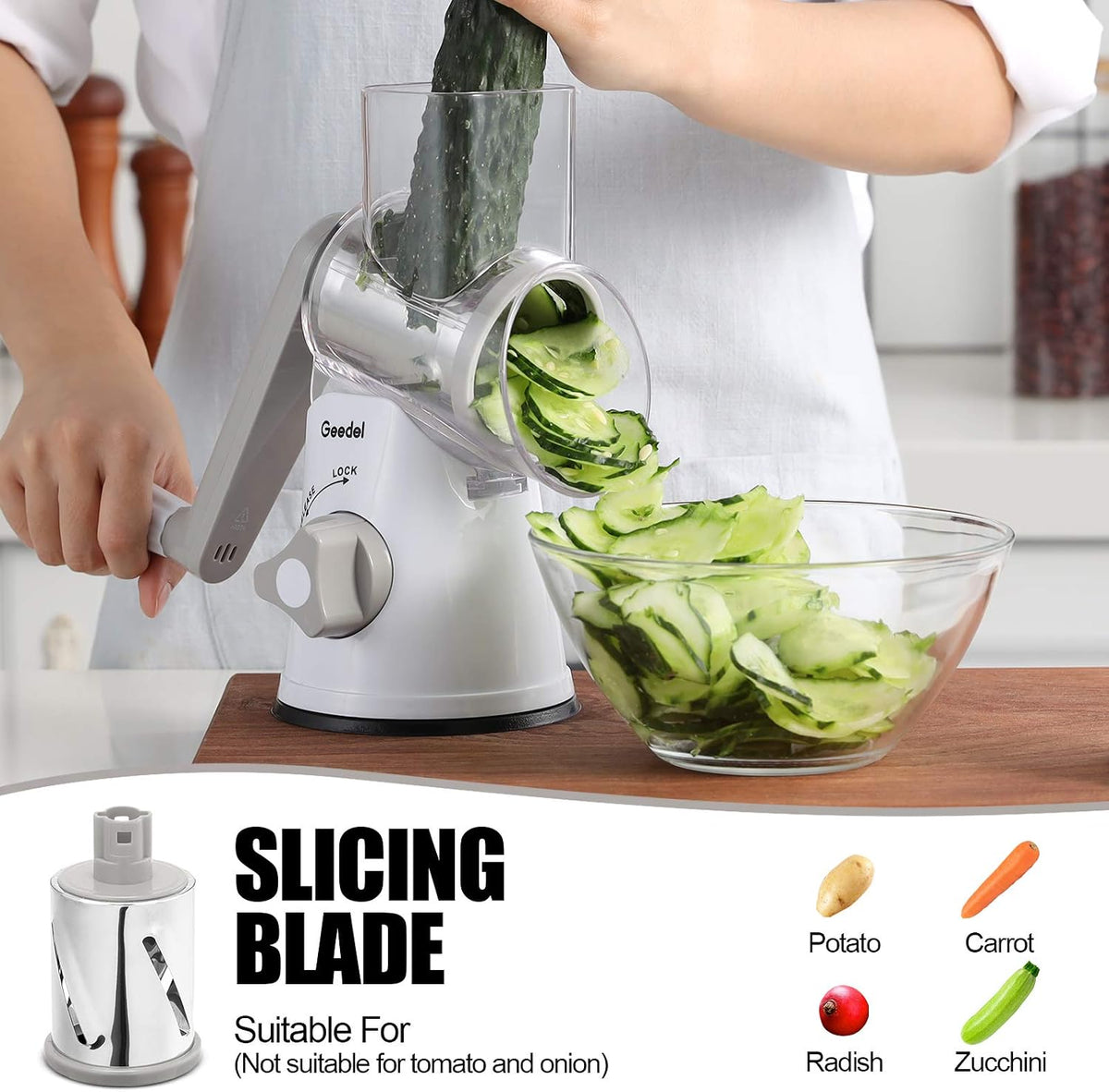 Rotary Cheese Grater Hand Crank, Cheese Shredder Vegetable Slicer | 3 Blades, 430 Stainless Steel, 12x Fast Cutting, Strong Suction Base, No BPA, Dishwasher Safe, for Cheese, Veggie, Nut