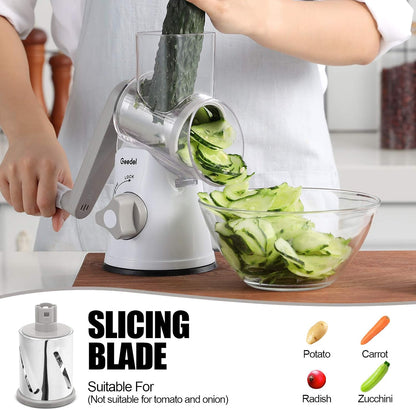 Rotary Cheese Grater Hand Crank, Cheese Shredder Vegetable Slicer | 3 Blades, 430 Stainless Steel, 12x Fast Cutting, Strong Suction Base, No BPA, Dishwasher Safe, for Cheese, Veggie, Nut