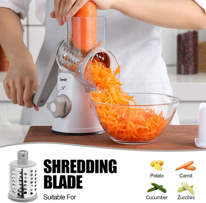 Rotary Cheese Grater Hand Crank, Cheese Shredder Vegetable Slicer | 3 Blades, 430 Stainless Steel, 12x Fast Cutting, Strong Suction Base, No BPA, Dishwasher Safe, for Cheese, Veggie, Nut