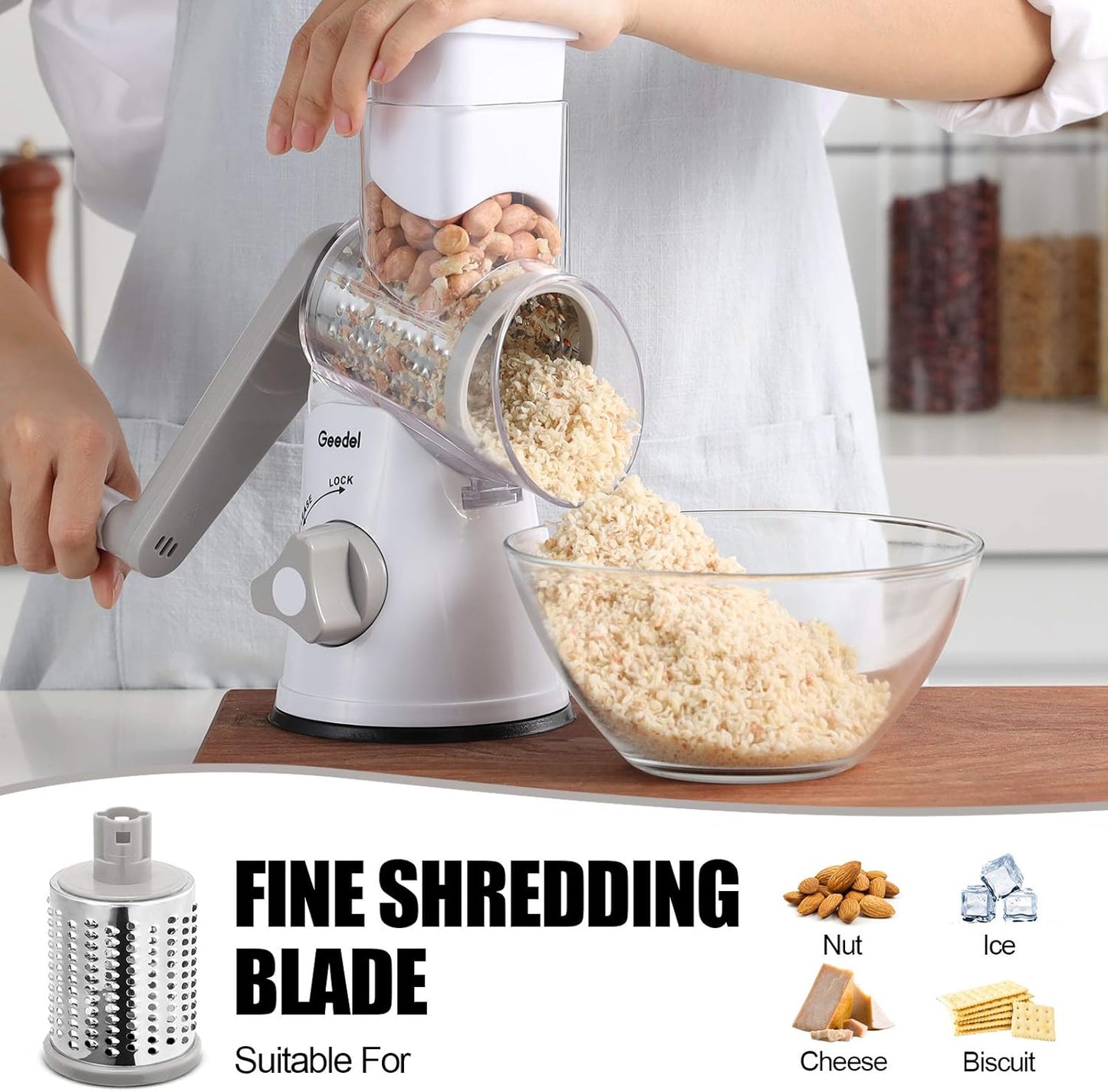 Rotary Cheese Grater Hand Crank, Cheese Shredder Vegetable Slicer | 3 Blades, 430 Stainless Steel, 12x Fast Cutting, Strong Suction Base, No BPA, Dishwasher Safe, for Cheese, Veggie, Nut