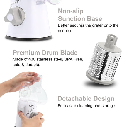 Rotary Cheese Grater Hand Crank, Cheese Shredder Vegetable Slicer | 3 Blades, 430 Stainless Steel, 12x Fast Cutting, Strong Suction Base, No BPA, Dishwasher Safe, for Cheese, Veggie, Nut