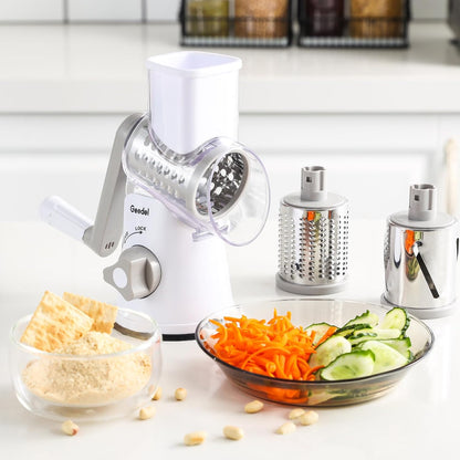 Rotary Cheese Grater Hand Crank, Cheese Shredder Vegetable Slicer | 3 Blades, 430 Stainless Steel, 12x Fast Cutting, Strong Suction Base, No BPA, Dishwasher Safe, for Cheese, Veggie, Nut