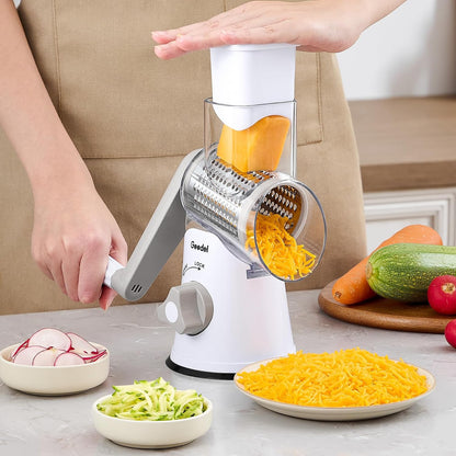 Rotary Cheese Grater Hand Crank, Cheese Shredder Vegetable Slicer | 3 Blades, 430 Stainless Steel, 12x Fast Cutting, Strong Suction Base, No BPA, Dishwasher Safe, for Cheese, Veggie, Nut