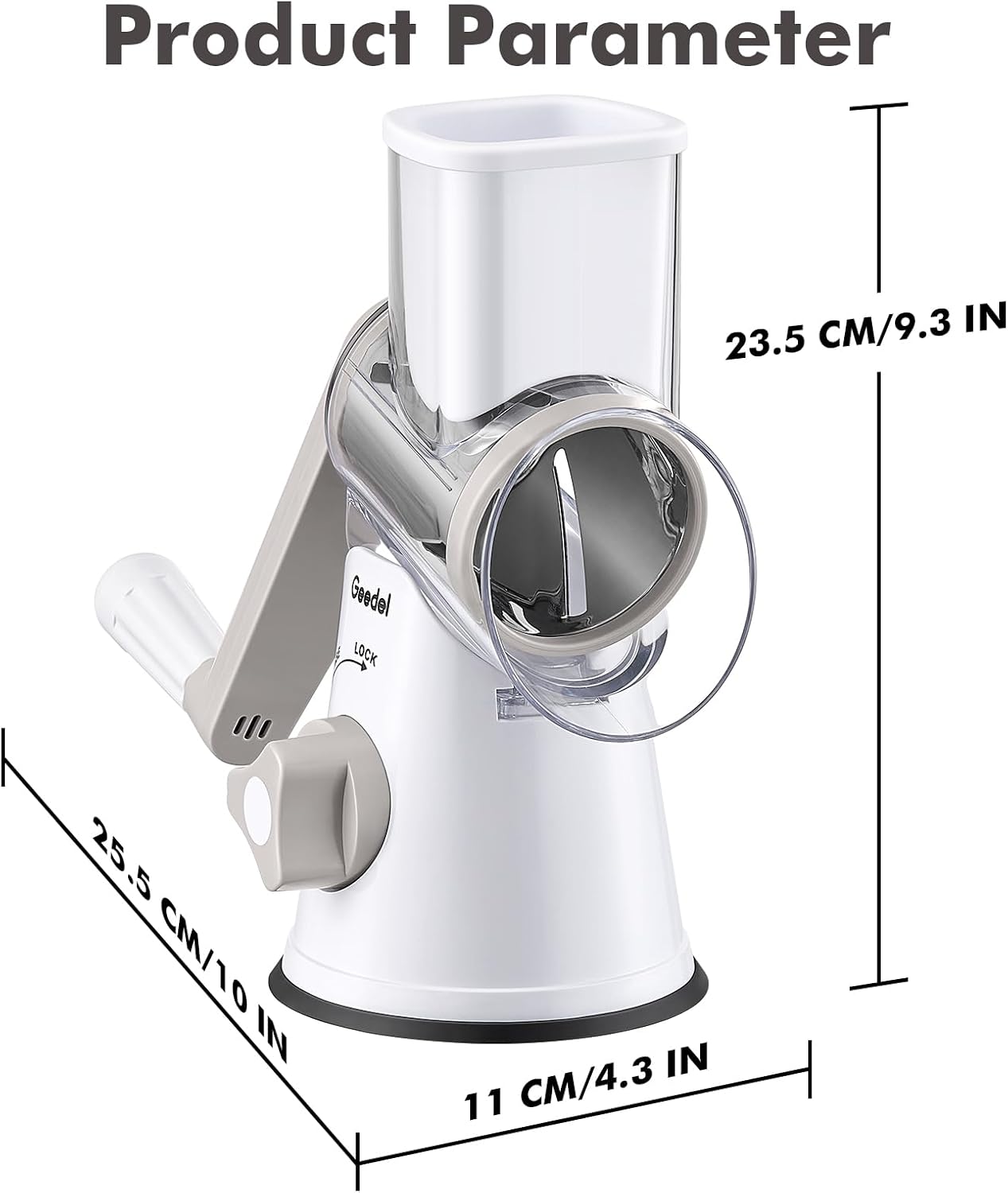 Rotary Cheese Grater Hand Crank, Cheese Shredder Vegetable Slicer | 3 Blades, 430 Stainless Steel, 12x Fast Cutting, Strong Suction Base, No BPA, Dishwasher Safe, for Cheese, Veggie, Nut