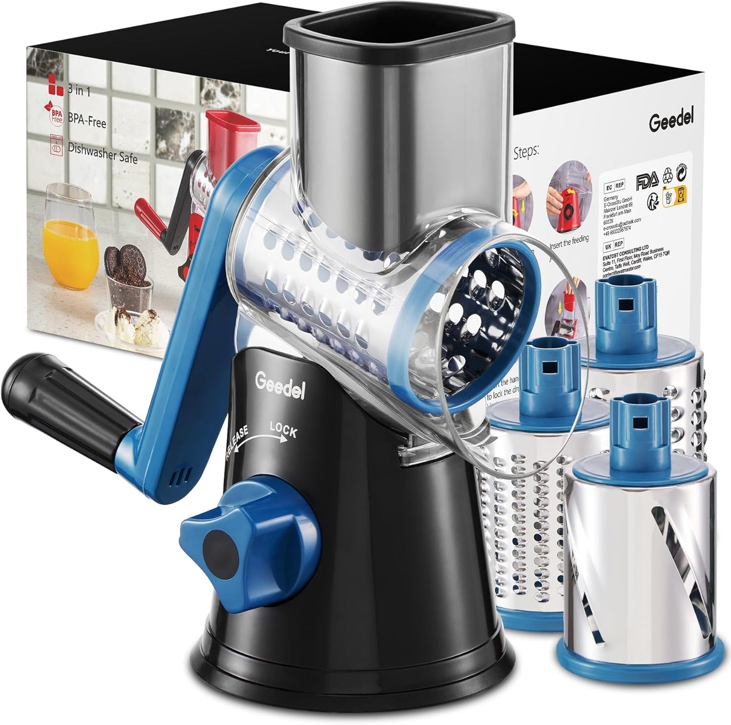 Rotary Cheese Grater Hand Crank, Cheese Shredder Vegetable Slicer | 3 Blades, 430 Stainless Steel, 12x Fast Cutting, Strong Suction Base, No BPA, Dishwasher Safe, for Cheese, Veggie, Nut
