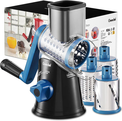 Rotary Cheese Grater Hand Crank, Cheese Shredder Vegetable Slicer | 3 Blades, 430 Stainless Steel, 12x Fast Cutting, Strong Suction Base, No BPA, Dishwasher Safe, for Cheese, Veggie, Nut