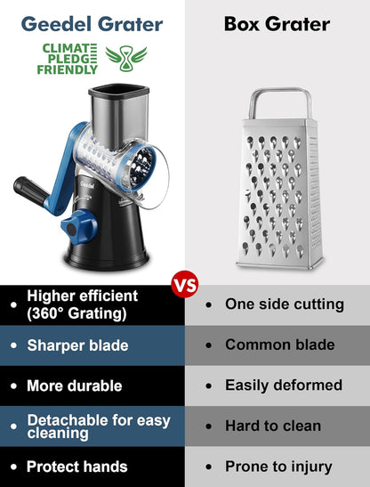 Rotary Cheese Grater Hand Crank, Cheese Shredder Vegetable Slicer | 3 Blades, 430 Stainless Steel, 12x Fast Cutting, Strong Suction Base, No BPA, Dishwasher Safe, for Cheese, Veggie, Nut