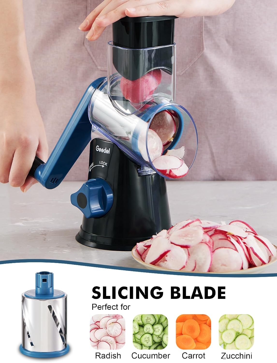 Rotary Cheese Grater Hand Crank, Cheese Shredder Vegetable Slicer | 3 Blades, 430 Stainless Steel, 12x Fast Cutting, Strong Suction Base, No BPA, Dishwasher Safe, for Cheese, Veggie, Nut