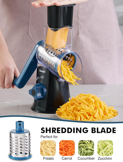 Rotary Cheese Grater Hand Crank, Cheese Shredder Vegetable Slicer | 3 Blades, 430 Stainless Steel, 12x Fast Cutting, Strong Suction Base, No BPA, Dishwasher Safe, for Cheese, Veggie, Nut