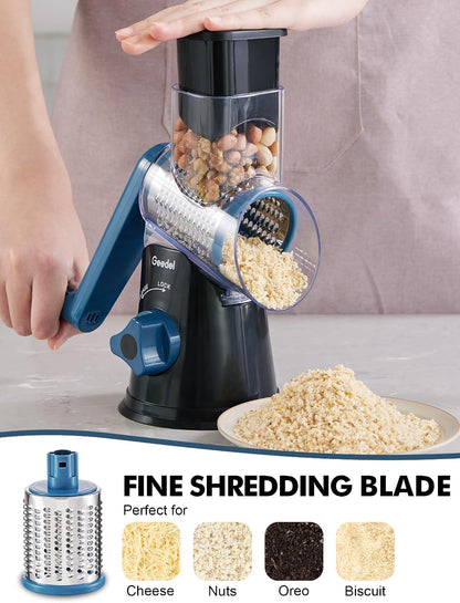 Rotary Cheese Grater Hand Crank, Cheese Shredder Vegetable Slicer | 3 Blades, 430 Stainless Steel, 12x Fast Cutting, Strong Suction Base, No BPA, Dishwasher Safe, for Cheese, Veggie, Nut