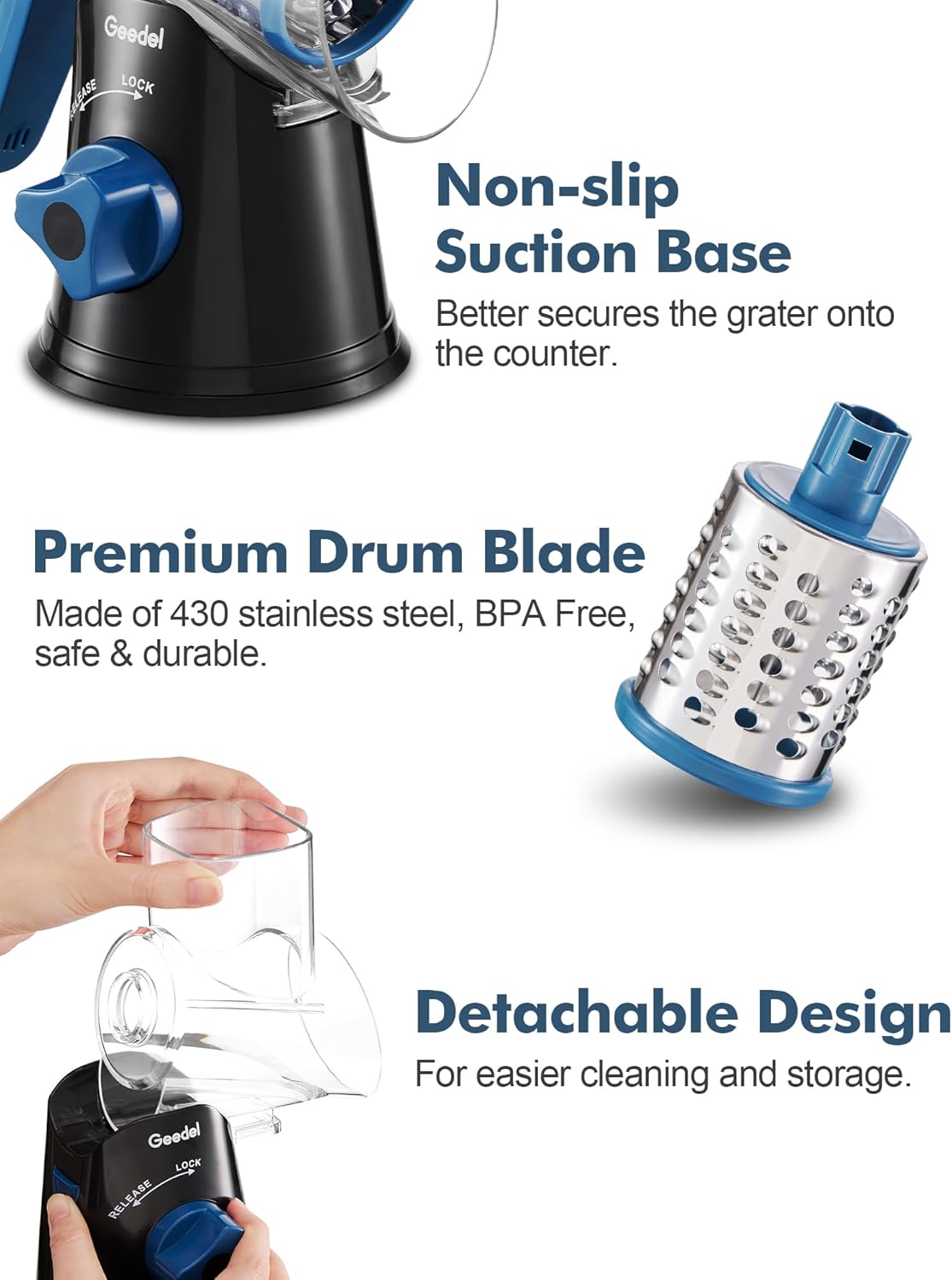 Rotary Cheese Grater Hand Crank, Cheese Shredder Vegetable Slicer | 3 Blades, 430 Stainless Steel, 12x Fast Cutting, Strong Suction Base, No BPA, Dishwasher Safe, for Cheese, Veggie, Nut