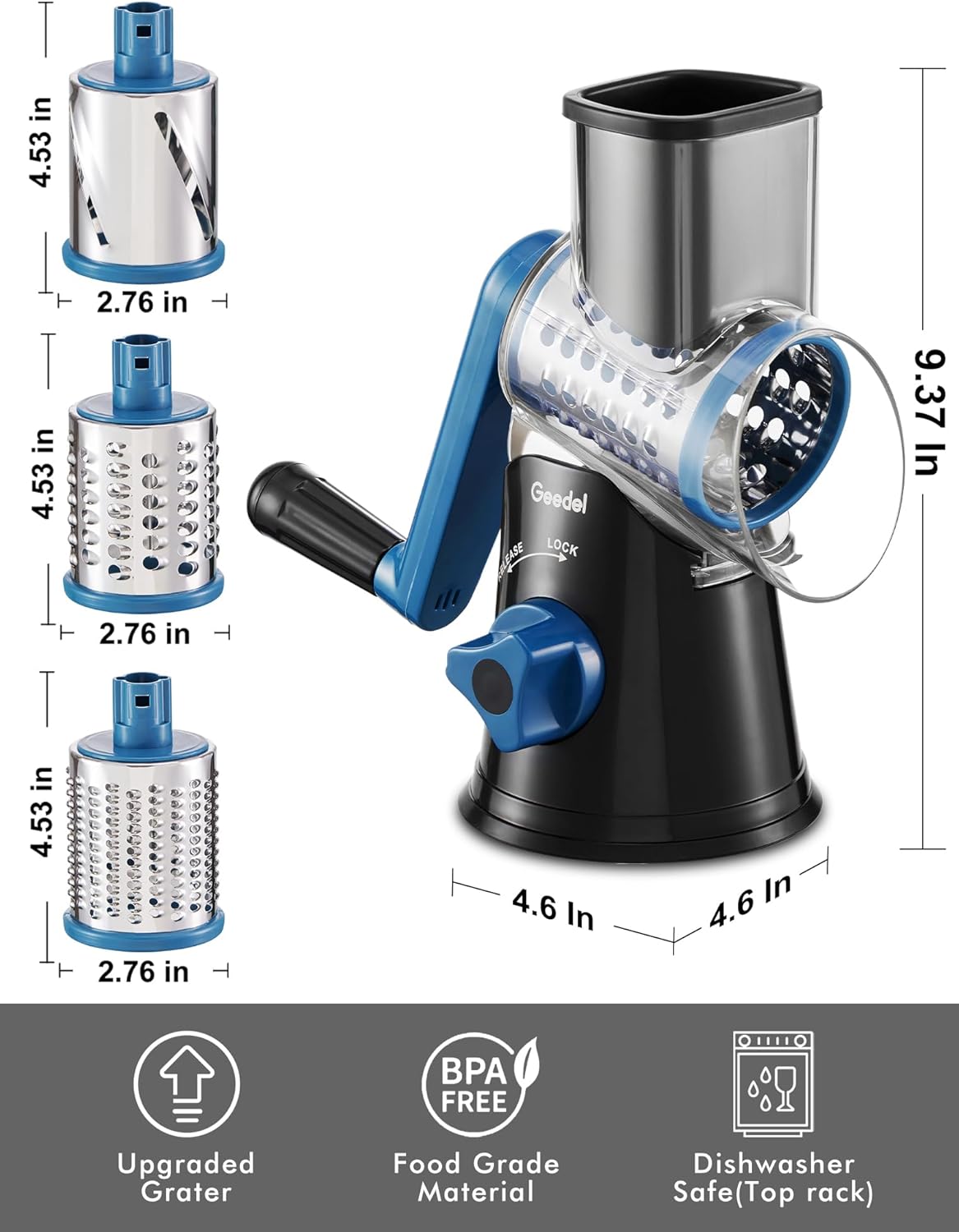 Rotary Cheese Grater Hand Crank, Cheese Shredder Vegetable Slicer | 3 Blades, 430 Stainless Steel, 12x Fast Cutting, Strong Suction Base, No BPA, Dishwasher Safe, for Cheese, Veggie, Nut