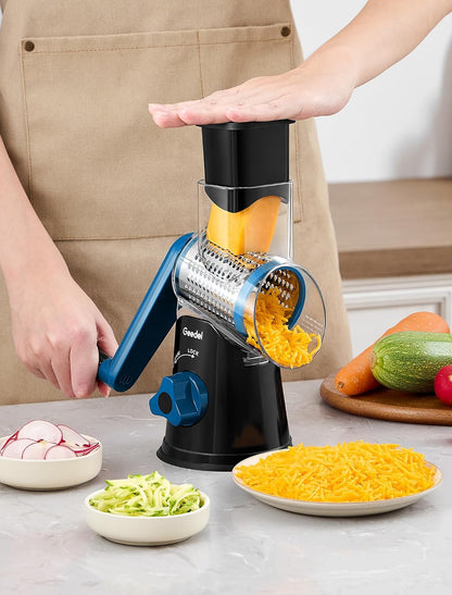 Rotary Cheese Grater Hand Crank, Cheese Shredder Vegetable Slicer | 3 Blades, 430 Stainless Steel, 12x Fast Cutting, Strong Suction Base, No BPA, Dishwasher Safe, for Cheese, Veggie, Nut