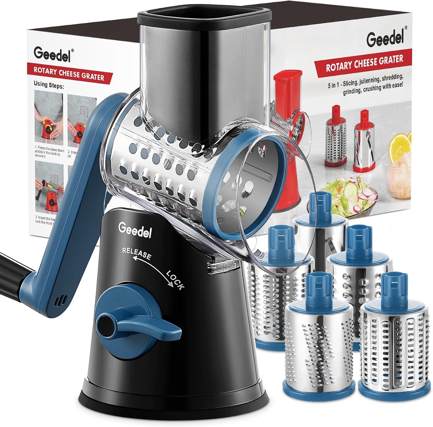 Rotary Cheese Grater Hand Crank, Cheese Shredder Vegetable Slicer | 3 Blades, 430 Stainless Steel, 12x Fast Cutting, Strong Suction Base, No BPA, Dishwasher Safe, for Cheese, Veggie, Nut