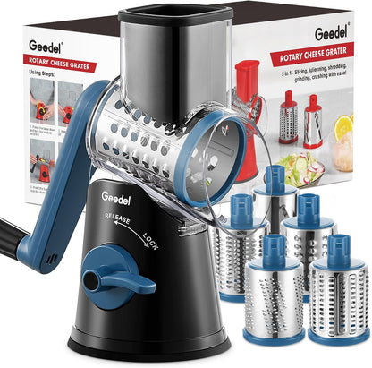 Rotary Cheese Grater Hand Crank, Cheese Shredder Vegetable Slicer | 3 Blades, 430 Stainless Steel, 12x Fast Cutting, Strong Suction Base, No BPA, Dishwasher Safe, for Cheese, Veggie, Nut