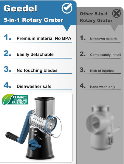 Rotary Cheese Grater Hand Crank, Cheese Shredder Vegetable Slicer | 3 Blades, 430 Stainless Steel, 12x Fast Cutting, Strong Suction Base, No BPA, Dishwasher Safe, for Cheese, Veggie, Nut