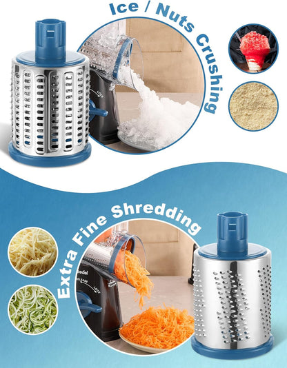 Rotary Cheese Grater Hand Crank, Cheese Shredder Vegetable Slicer | 3 Blades, 430 Stainless Steel, 12x Fast Cutting, Strong Suction Base, No BPA, Dishwasher Safe, for Cheese, Veggie, Nut