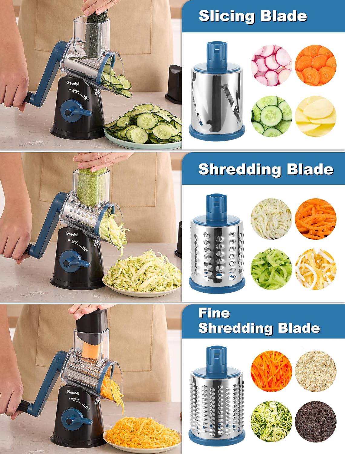 Rotary Cheese Grater Hand Crank, Cheese Shredder Vegetable Slicer | 3 Blades, 430 Stainless Steel, 12x Fast Cutting, Strong Suction Base, No BPA, Dishwasher Safe, for Cheese, Veggie, Nut