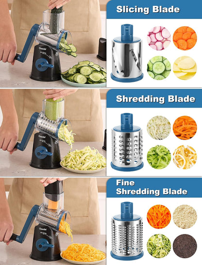 Rotary Cheese Grater Hand Crank, Cheese Shredder Vegetable Slicer | 3 Blades, 430 Stainless Steel, 12x Fast Cutting, Strong Suction Base, No BPA, Dishwasher Safe, for Cheese, Veggie, Nut