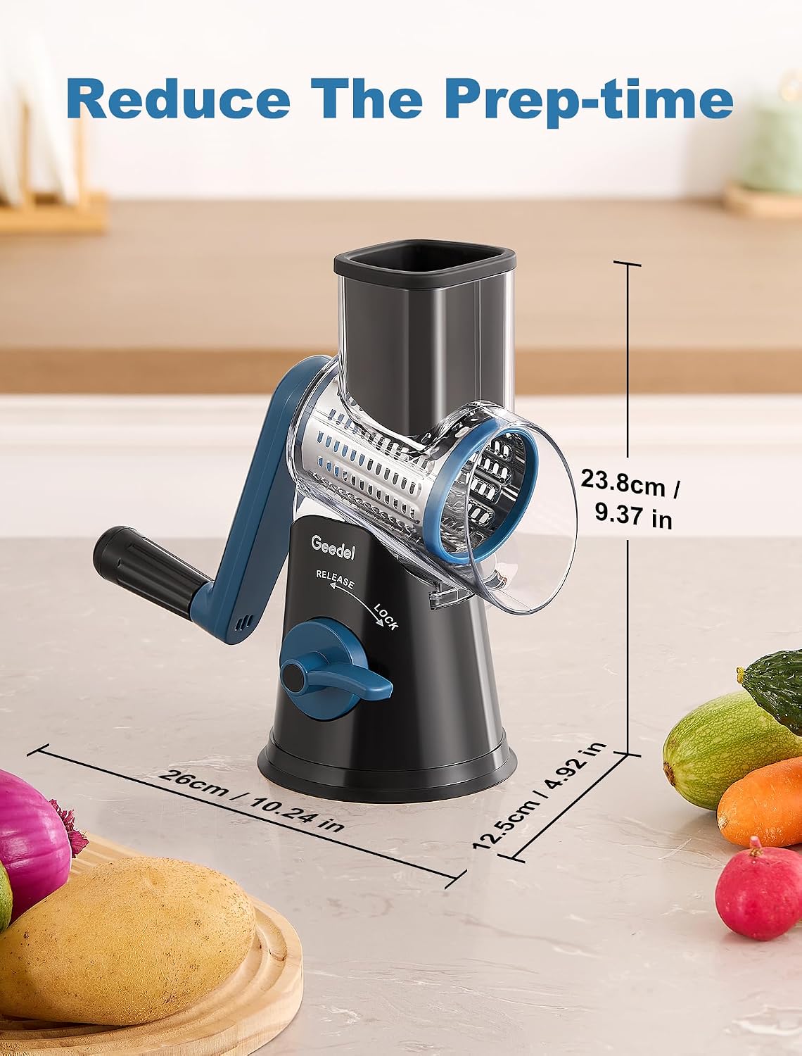 Rotary Cheese Grater Hand Crank, Cheese Shredder Vegetable Slicer | 3 Blades, 430 Stainless Steel, 12x Fast Cutting, Strong Suction Base, No BPA, Dishwasher Safe, for Cheese, Veggie, Nut