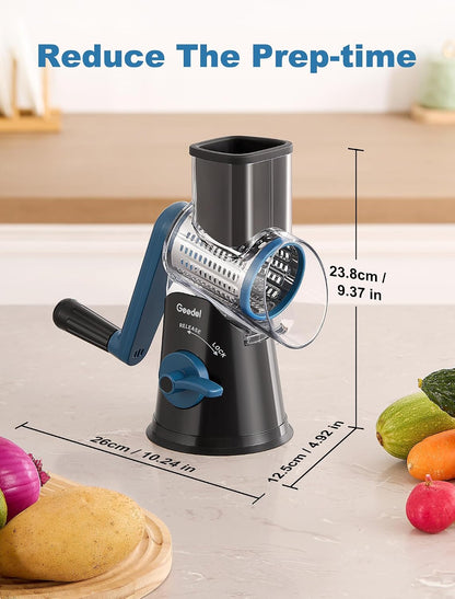 Rotary Cheese Grater Hand Crank, Cheese Shredder Vegetable Slicer | 3 Blades, 430 Stainless Steel, 12x Fast Cutting, Strong Suction Base, No BPA, Dishwasher Safe, for Cheese, Veggie, Nut