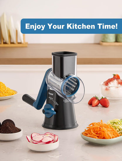 Rotary Cheese Grater Hand Crank, Cheese Shredder Vegetable Slicer | 3 Blades, 430 Stainless Steel, 12x Fast Cutting, Strong Suction Base, No BPA, Dishwasher Safe, for Cheese, Veggie, Nut