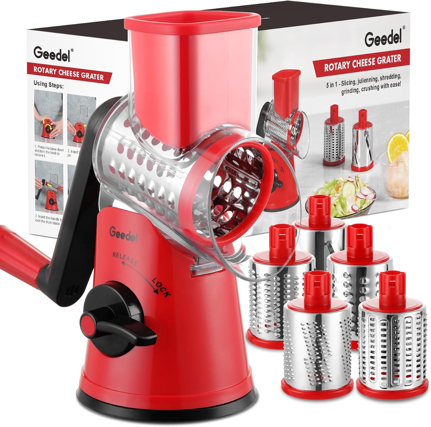 Rotary Cheese Grater Hand Crank, Cheese Shredder Vegetable Slicer | 3 Blades, 430 Stainless Steel, 12x Fast Cutting, Strong Suction Base, No BPA, Dishwasher Safe, for Cheese, Veggie, Nut