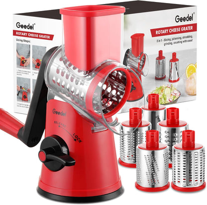 Rotary Cheese Grater Hand Crank, Cheese Shredder Vegetable Slicer | 3 Blades, 430 Stainless Steel, 12x Fast Cutting, Strong Suction Base, No BPA, Dishwasher Safe, for Cheese, Veggie, Nut