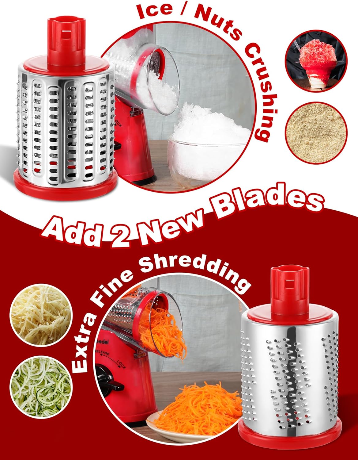 Rotary Cheese Grater Hand Crank, Cheese Shredder Vegetable Slicer | 3 Blades, 430 Stainless Steel, 12x Fast Cutting, Strong Suction Base, No BPA, Dishwasher Safe, for Cheese, Veggie, Nut