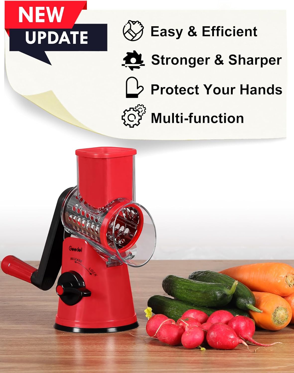 Rotary Cheese Grater Hand Crank, Cheese Shredder Vegetable Slicer | 3 Blades, 430 Stainless Steel, 12x Fast Cutting, Strong Suction Base, No BPA, Dishwasher Safe, for Cheese, Veggie, Nut
