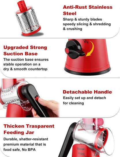Rotary Cheese Grater Hand Crank, Cheese Shredder Vegetable Slicer | 3 Blades, 430 Stainless Steel, 12x Fast Cutting, Strong Suction Base, No BPA, Dishwasher Safe, for Cheese, Veggie, Nut