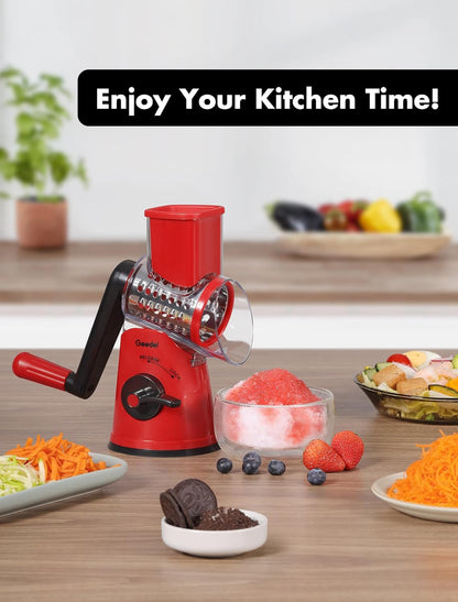 Rotary Cheese Grater Hand Crank, Cheese Shredder Vegetable Slicer | 3 Blades, 430 Stainless Steel, 12x Fast Cutting, Strong Suction Base, No BPA, Dishwasher Safe, for Cheese, Veggie, Nut