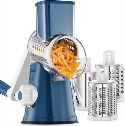 Rotary Cheese Grater Hand Crank, Cheese Shredder Vegetable Slicer | 3 Blades, 430 Stainless Steel, 12x Fast Cutting, Strong Suction Base, No BPA, Dishwasher Safe, for Cheese, Veggie, Nut